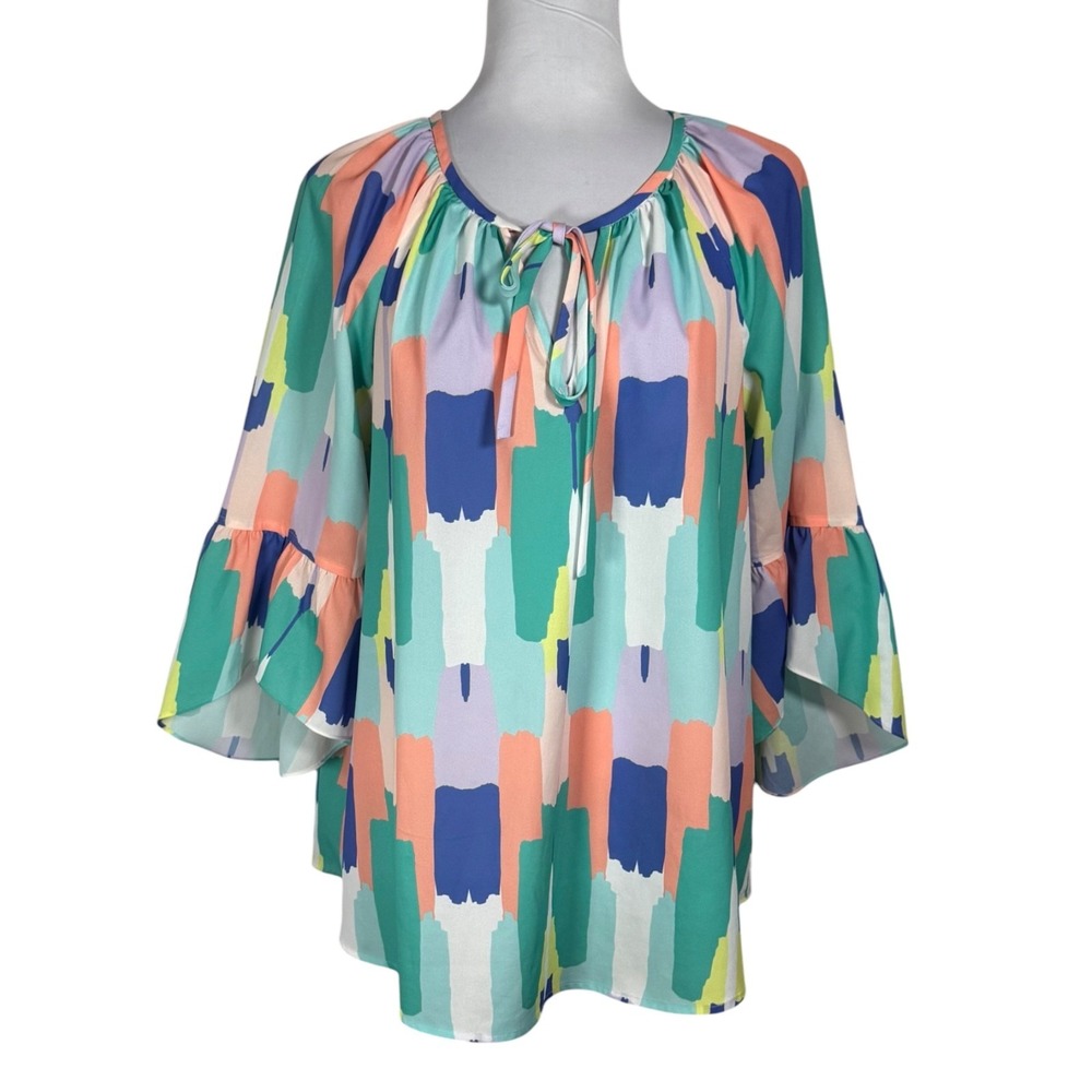 Crosby Mollie Burch Abstract Print Tie Neck Bell Sleeve Blouse Top Size L Spring
